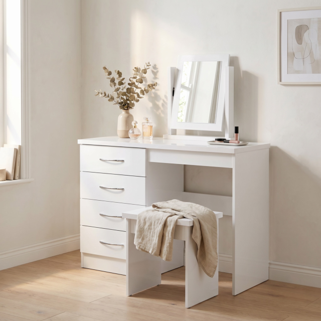Lisdorat 100-105-017 NEVADA 4 DRAWER DRESSING TABLE SET - WHITE GLOSS