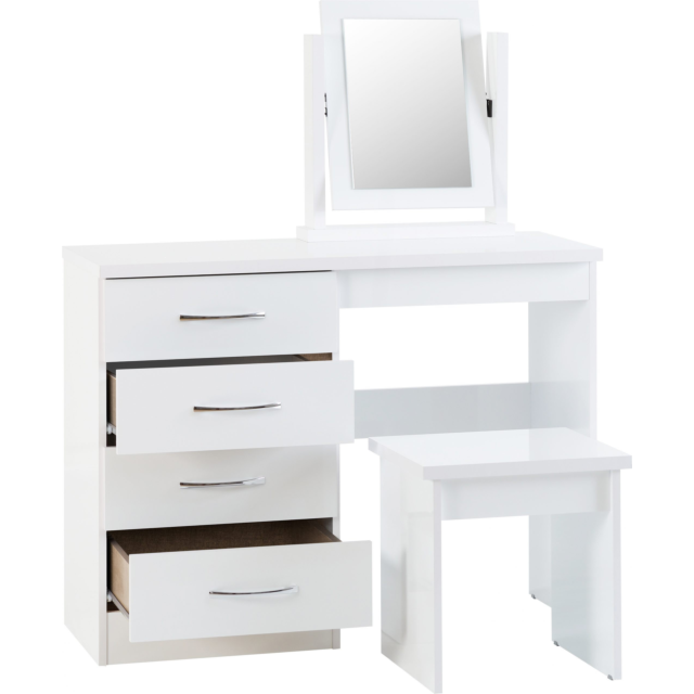 Lisdorat 100-105-017 NEVADA 4 DRAWER DRESSING TABLE SET - WHITE GLOSS