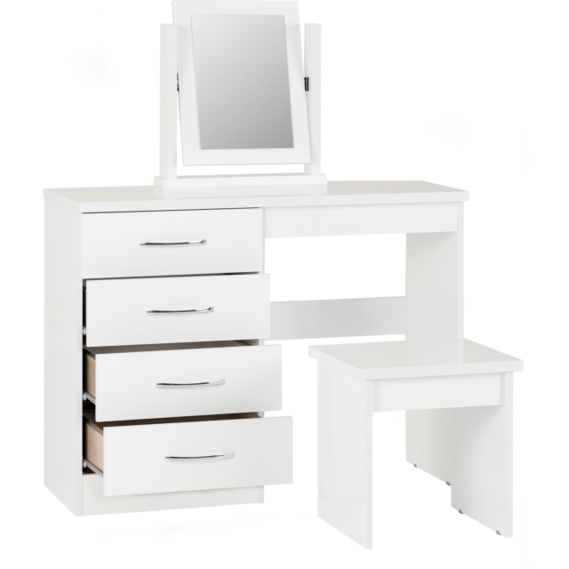 Lisdorat 100-105-017 NEVADA 4 DRAWER DRESSING TABLE SET - WHITE GLOSS