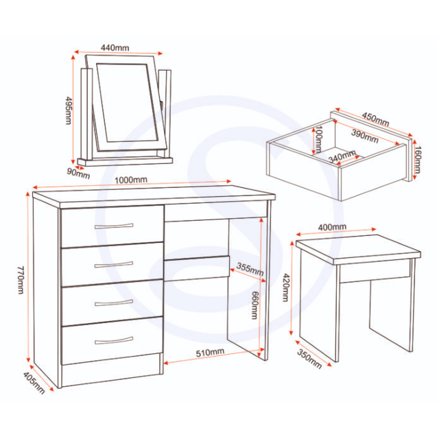 Lisdorat 100-105-017 NEVADA 4 DRAWER DRESSING TABLE SET - WHITE GLOSS
