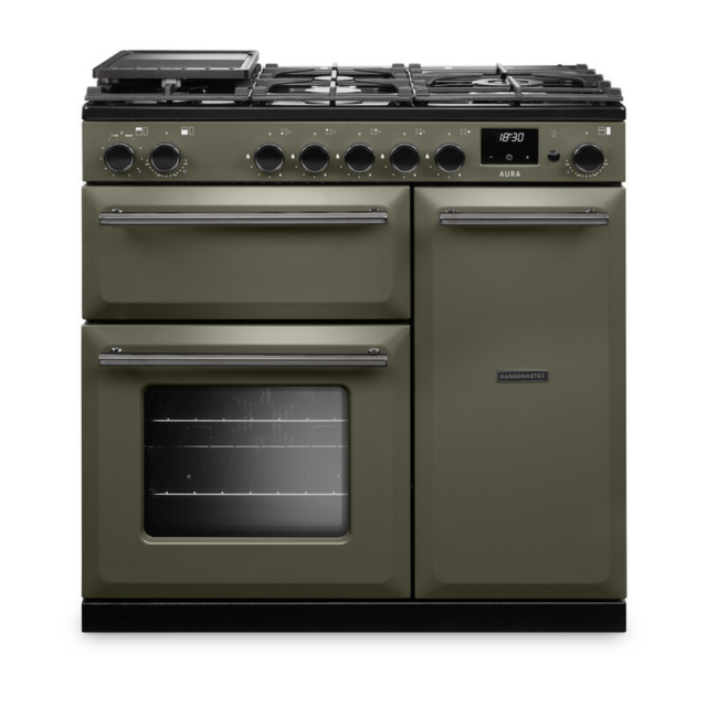 Rangemaster AURA90DFP/19281 90CM Dual Fuel Range Cooker - River Bed with Onyx Trim