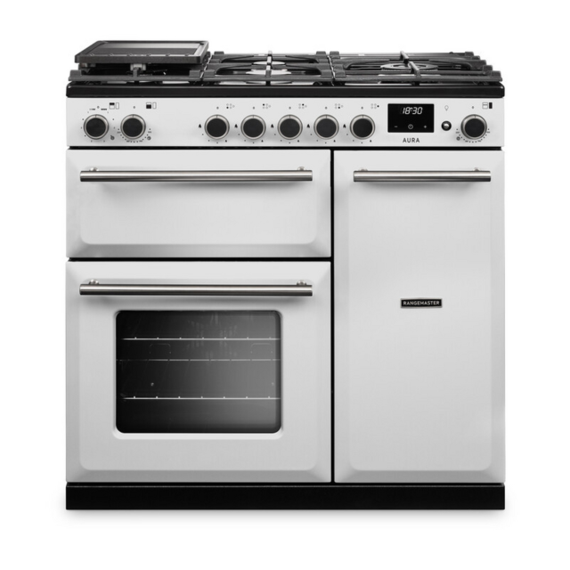 Rangemaster AURA90DFP/19323 90CM Dual Fuel Range Cooker - White with Brushed Nickel Trim