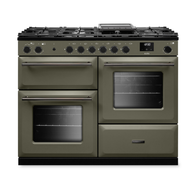 Rangemaster AURO110DF/19313 110CM Dual Fuel Range Cooker - River Bed with Onyx Trim