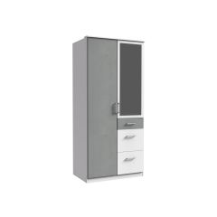 Click 154628 2 door wardrobe 90cm, 1 mirror, 3 drawers, white/concrete light grey