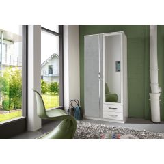 Duo 075210 2 door wardrobe 90cm, 1 mirror, 2 drawers, white/concrete light grey