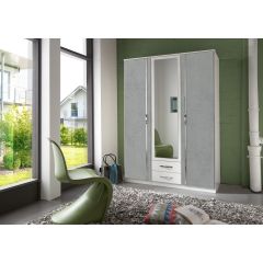 Duo 075484 3 door wardrobe 135cm, 1 mirror, 2 drawers, white/concrete light grey